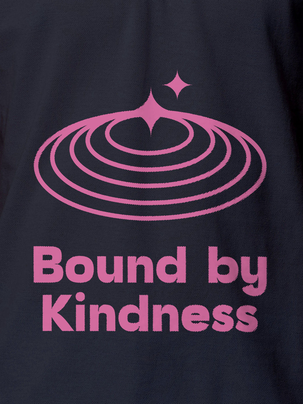 Close up of 'Bound By Kindness' design on Men's Navy Blue Polo T-shirt, highlighting intricate details and vibrant print.