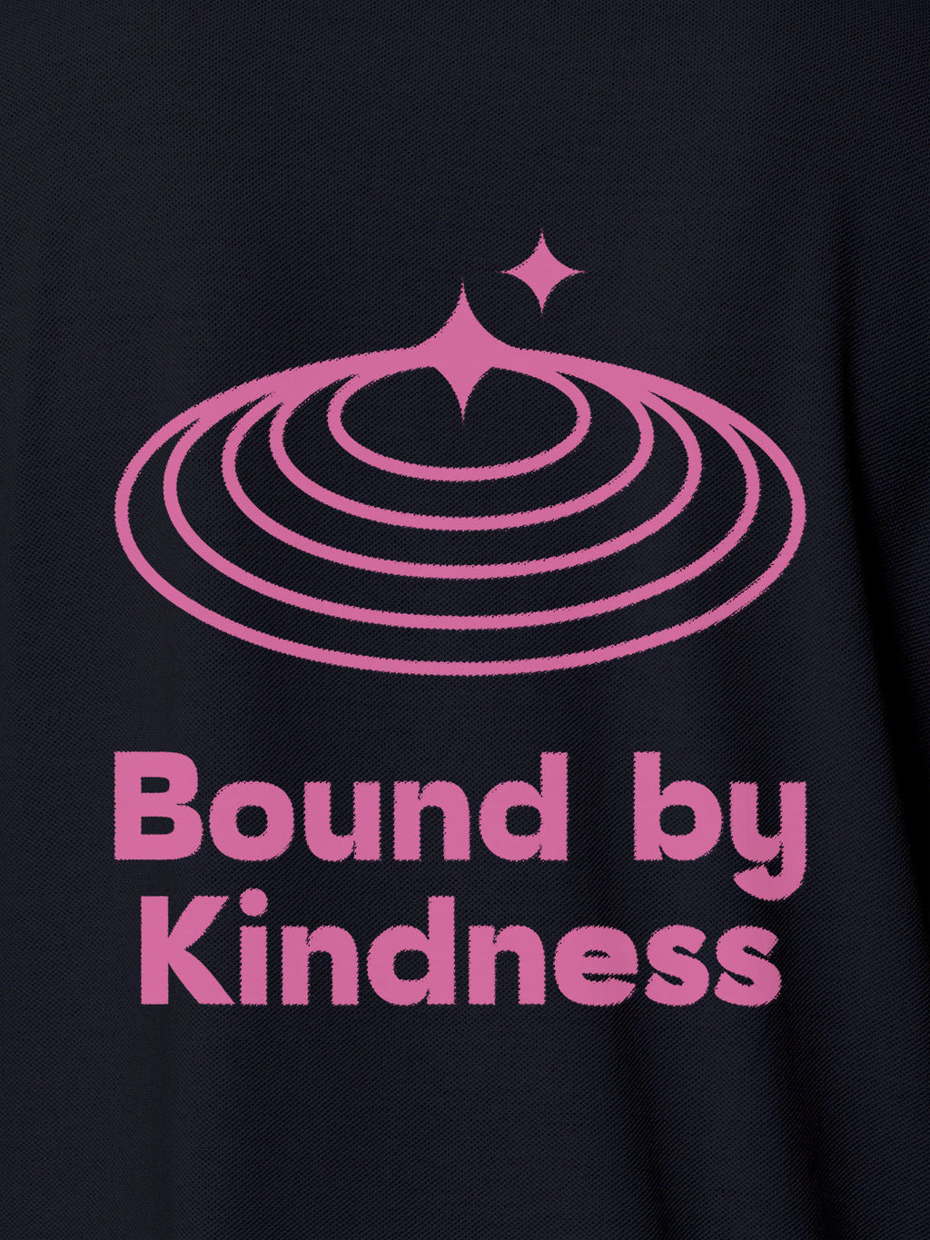 Close up of 'Bound By Kindness' design on Women's Navy Blue Polo T-shirt, highlighting intricate details and vibrant print.