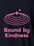 Close up of 'Bound By Kindness' design on Women's Navy Blue Polo T-shirt, highlighting intricate details and vibrant print.
