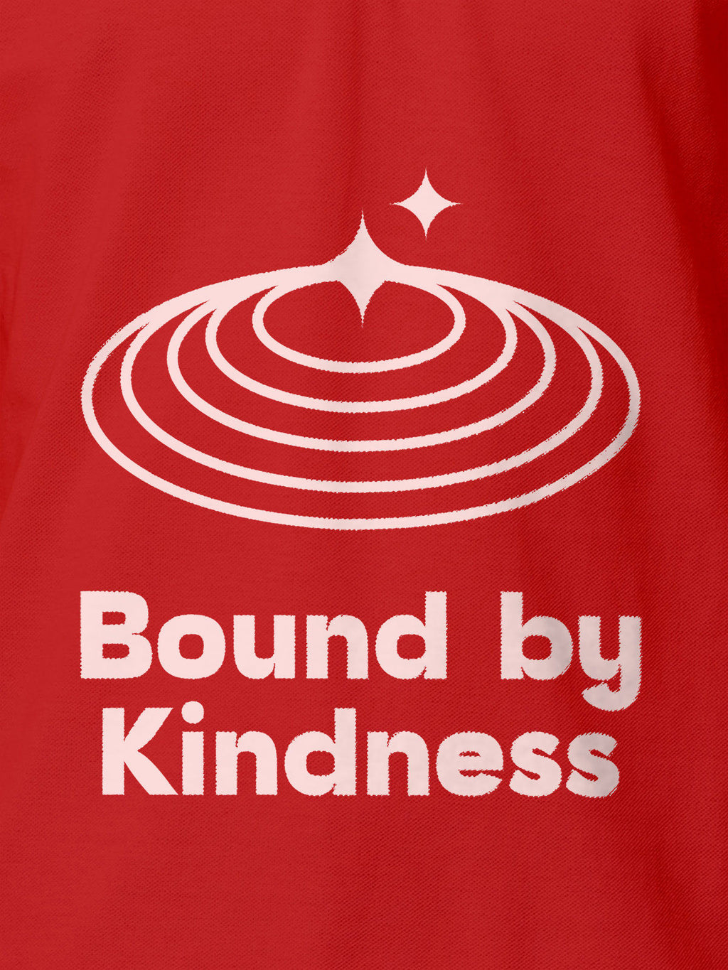 Close up of 'Bound By Kindness' design on Men's Red Polo T-shirt, highlighting intricate details and vibrant print.