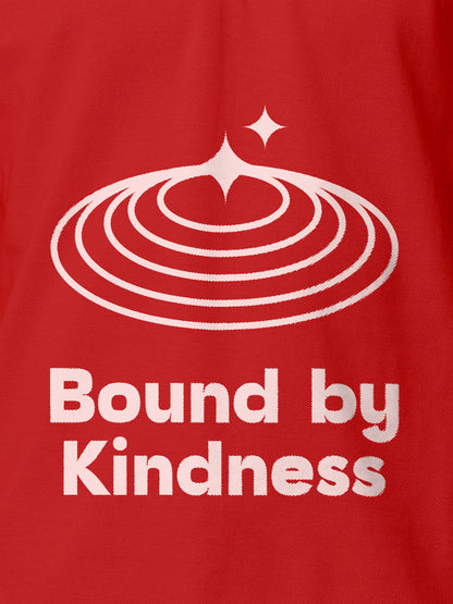 Close up of 'Bound By Kindness' design on Men's Red Polo T-shirt, highlighting intricate details and vibrant print.