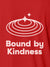 Close up of 'Bound By Kindness' design on Women's Red Polo T-shirt, highlighting intricate details and vibrant print.