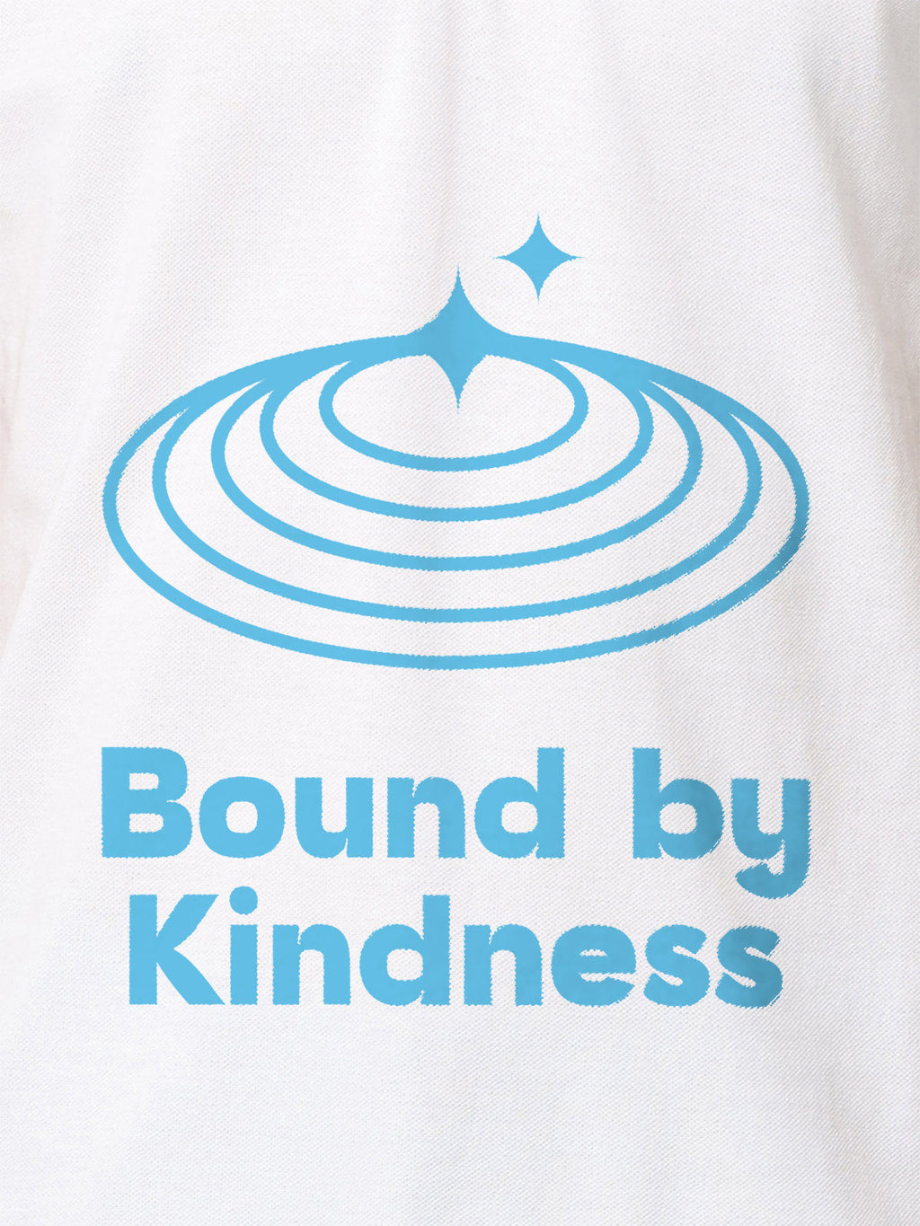 Close up of 'Bound By Kindness' design on Men's White Polo T-shirt, highlighting intricate details and vibrant print.