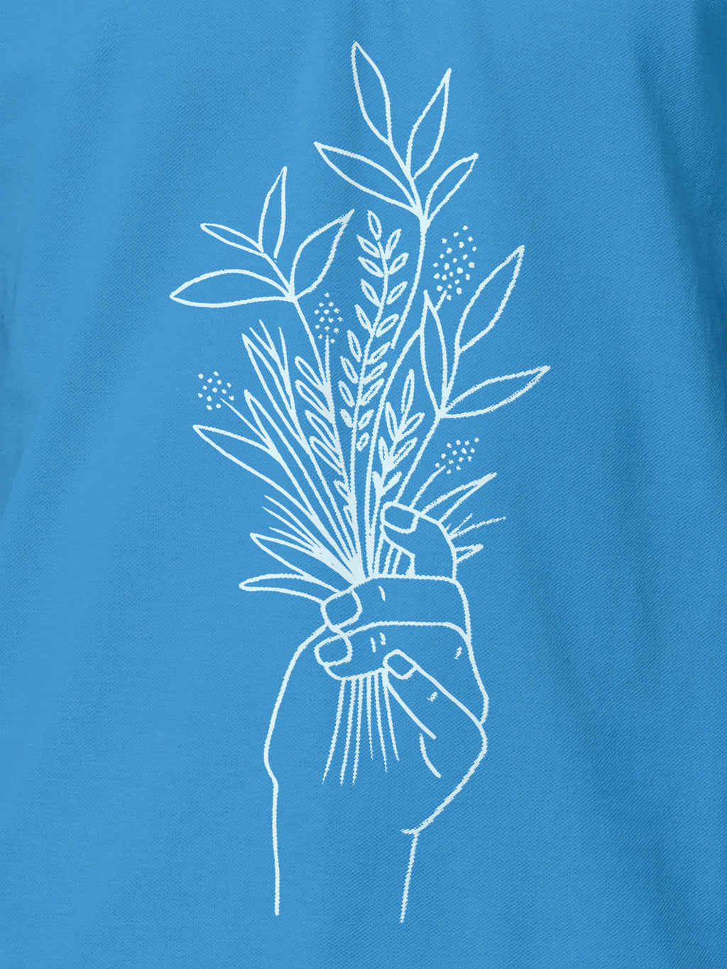 Close up of 'Love and Joy' design on Women's Blue Polo T-shirt, highlighting intricate details and vibrant print.