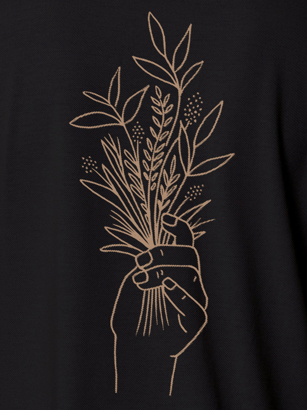 Close up of 'Love and Joy' design on Men's Dark Grey Polo T-shirt, highlighting intricate details and vibrant print.
