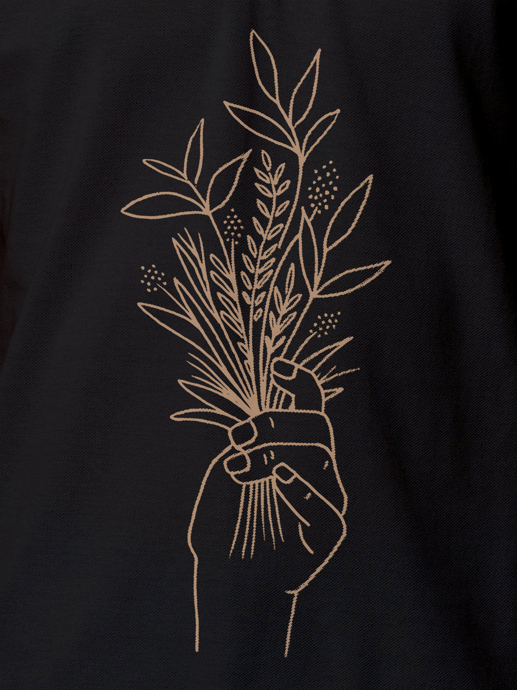 Close up of 'Love and Joy' design on Women's Dark Grey Polo T-shirt, highlighting intricate details and vibrant print.