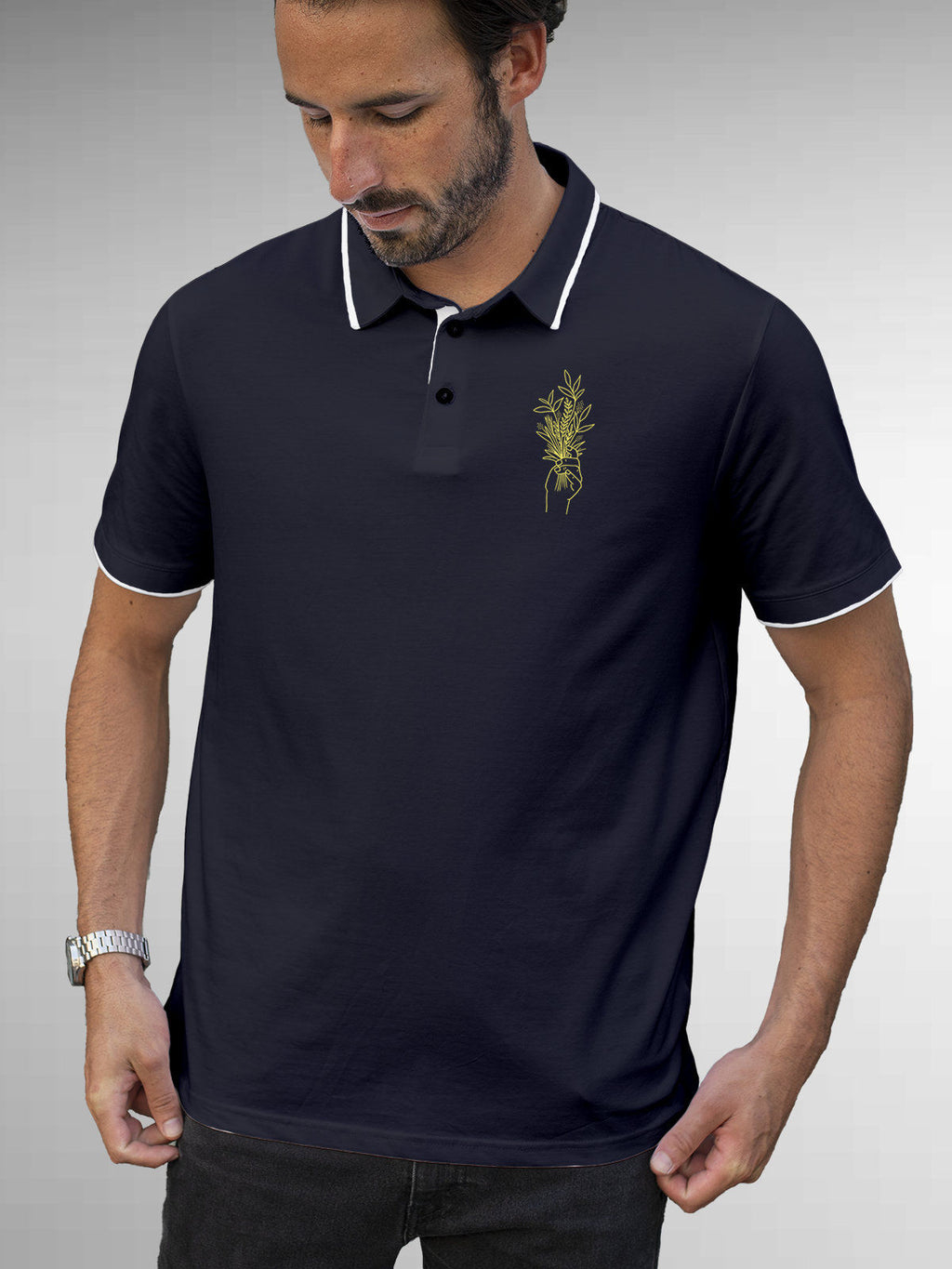 Model wearing Men's Navy Blue Polo T-shirt with 'Love and Joy' design, offering effortless style and premium comfort