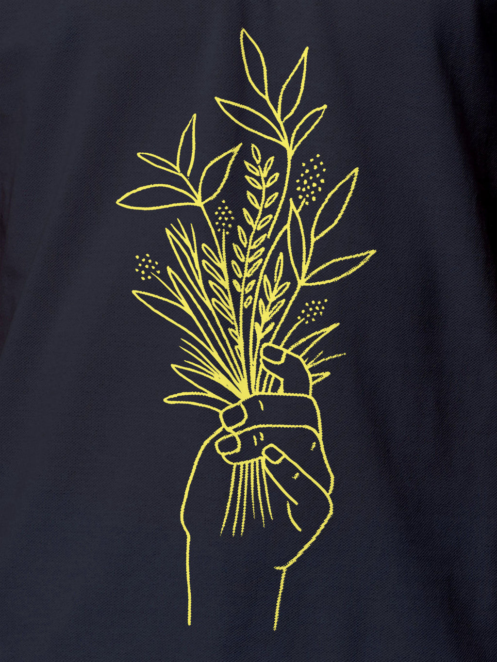 Close up of 'Love and Joy' design on Women's Navy Blue Polo T-shirt, highlighting intricate details and vibrant print.