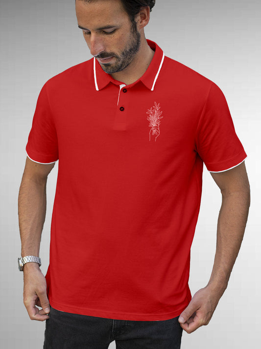 Model wearing Men's Red Polo T-shirt with 'Love and Joy' design, offering effortless style and premium comfort