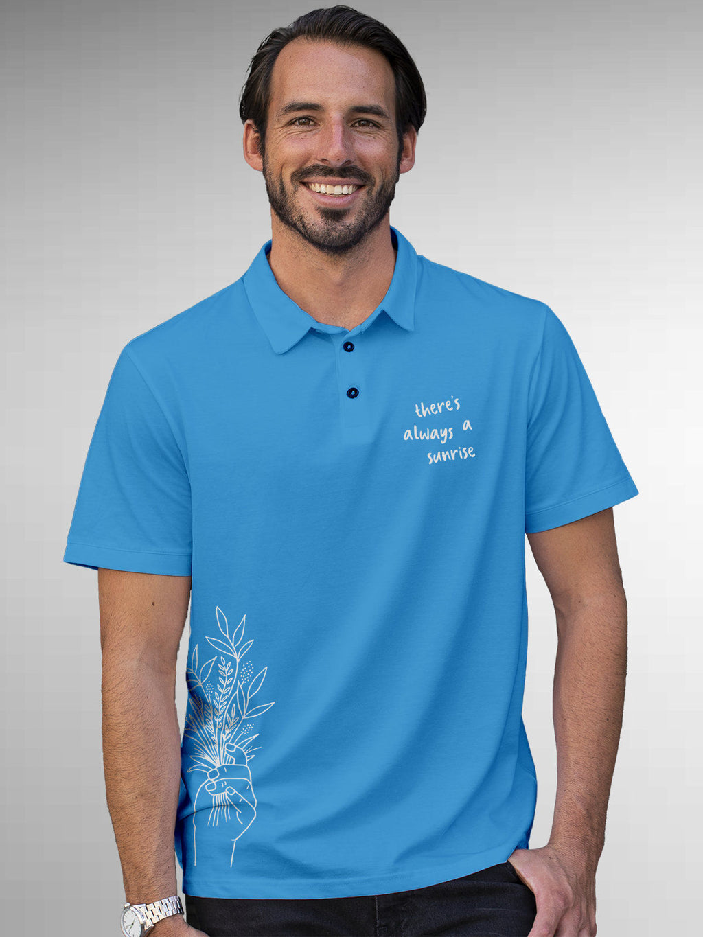 Model wearing Men's Blue Polo T-shirt with 'There's Always a Sunrise' design, offering effortless style and premium comfort