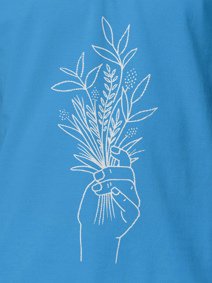 Close up of another 'There's Always a Sunrise' design on Men's Blue Collar T-shirt, highlighting the vibrant print.