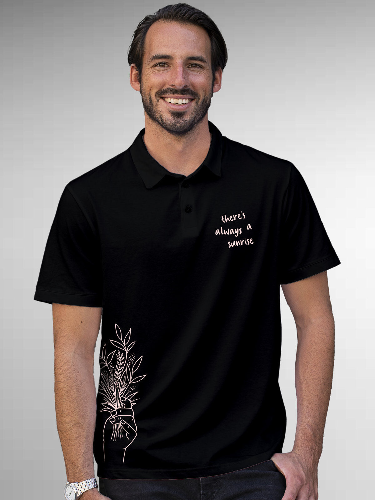 Model wearing Men's Black Polo T-shirt with 'There's Always a Sunrise' design, offering effortless style and premium comfort