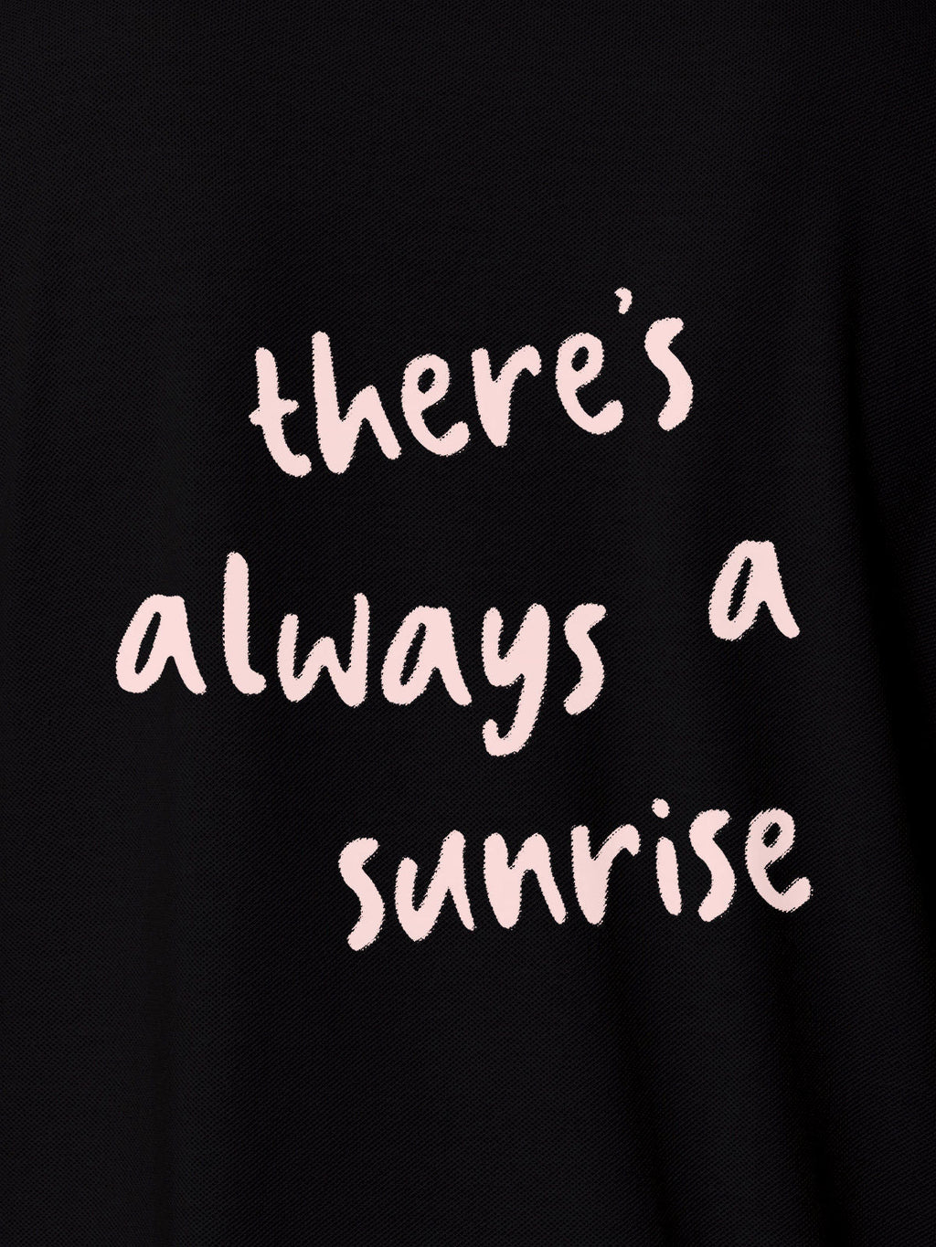 Close up of 'There's Always a Sunrise' design on Women's Black Polo T-shirt, highlighting intricate details and vibrant print.