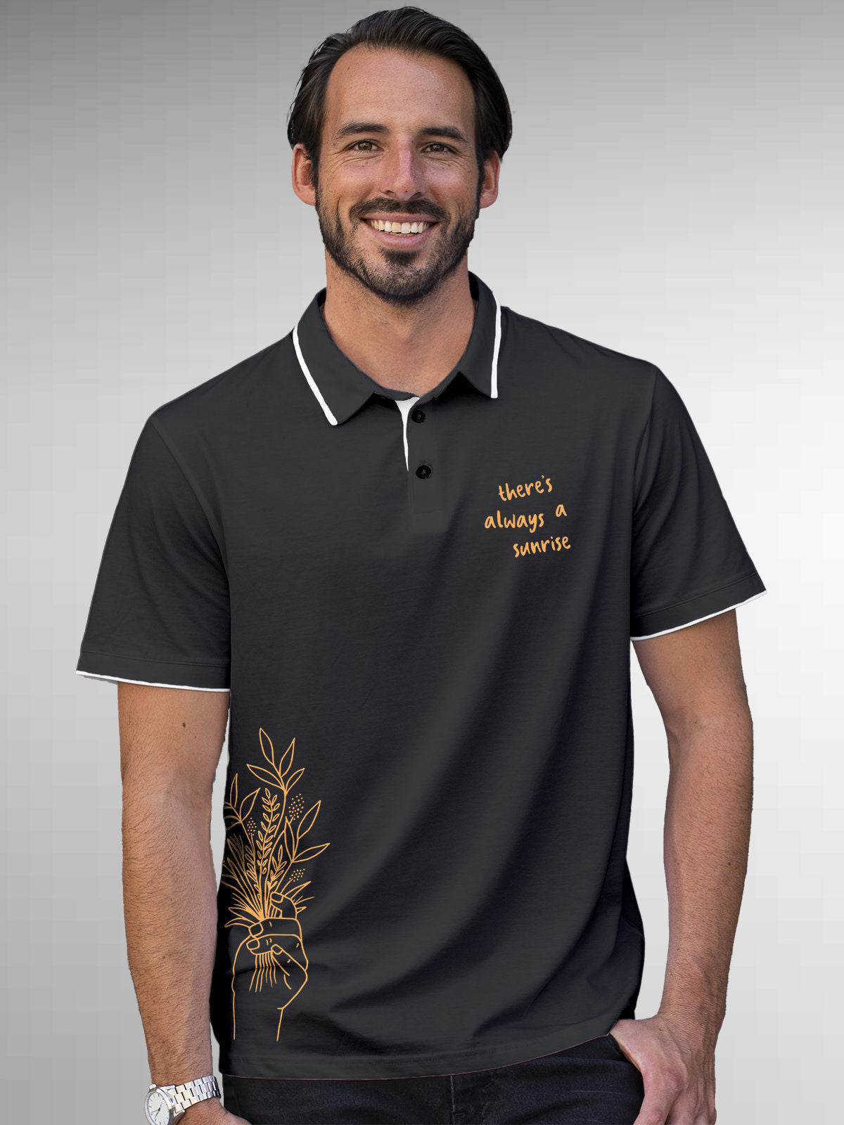 Model wearing Men's Dark Grey Polo T-shirt with 'There's Always a Sunrise' design, offering effortless style and premium comfort