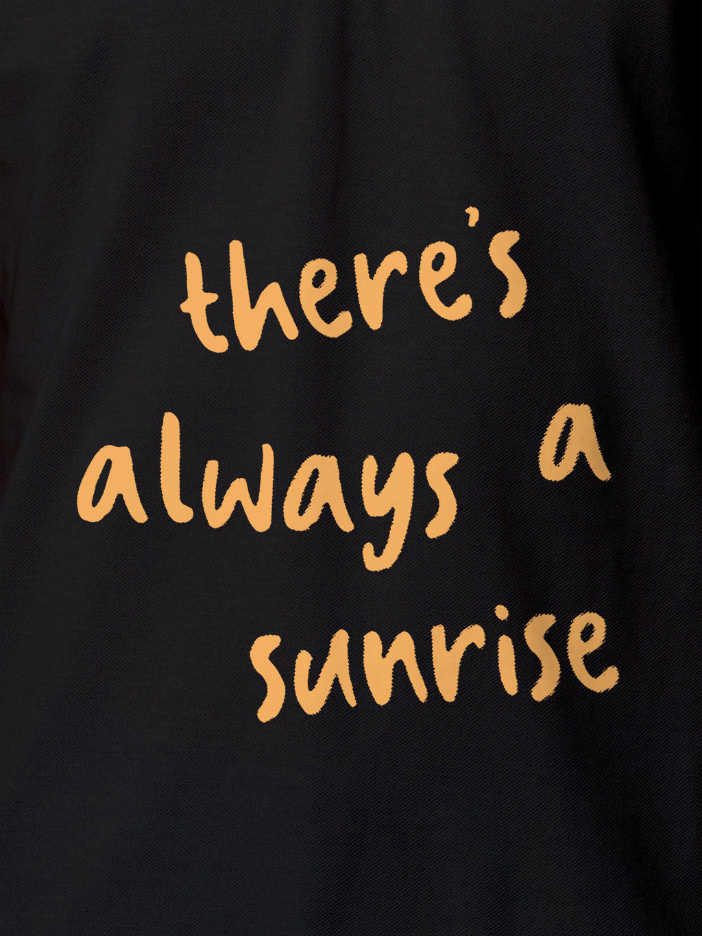 Close up of 'There's Always a Sunrise' design on Men's Dark Grey Polo T-shirt, highlighting intricate details and vibrant print.