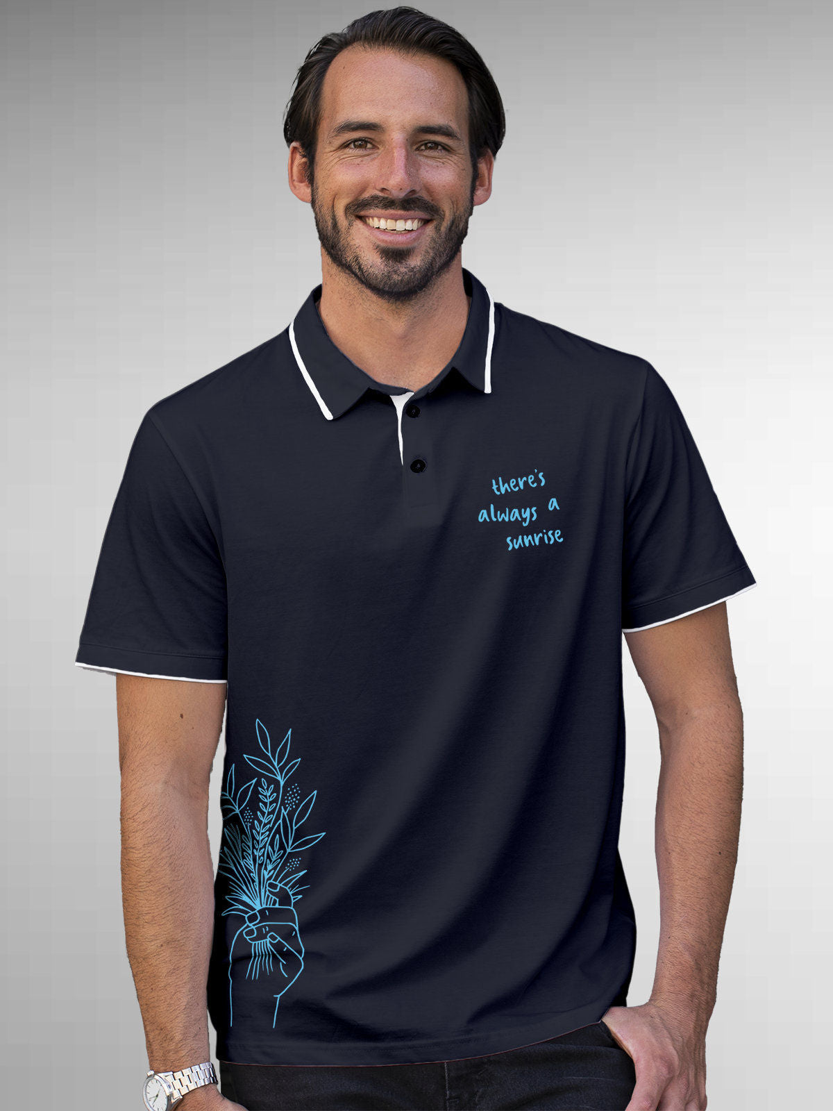 Model wearing Men's Navy Blue Polo T-shirt with 'There's Always a Sunrise' design, offering effortless style and premium comfort