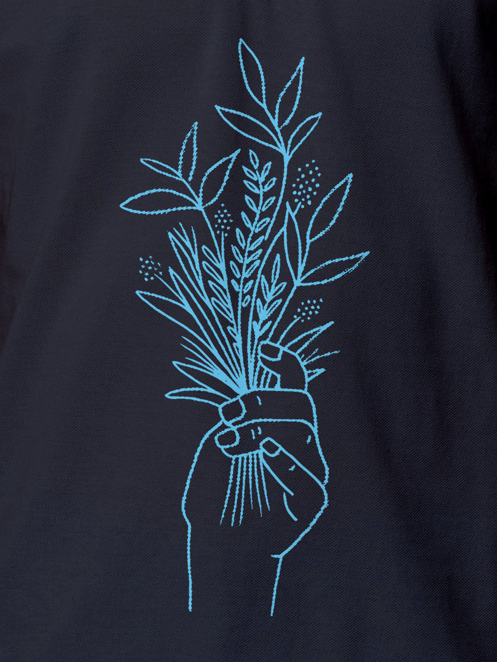 Close up of another 'There's Always a Sunrise' design on Men's Navy Blue Collar T-shirt, highlighting the vibrant print.
