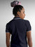 Back view of Fighterhero Women's Navy Blue Polo T-shirt with 'There's Always a Sunrise' design, highlighting the modern look and clean finish