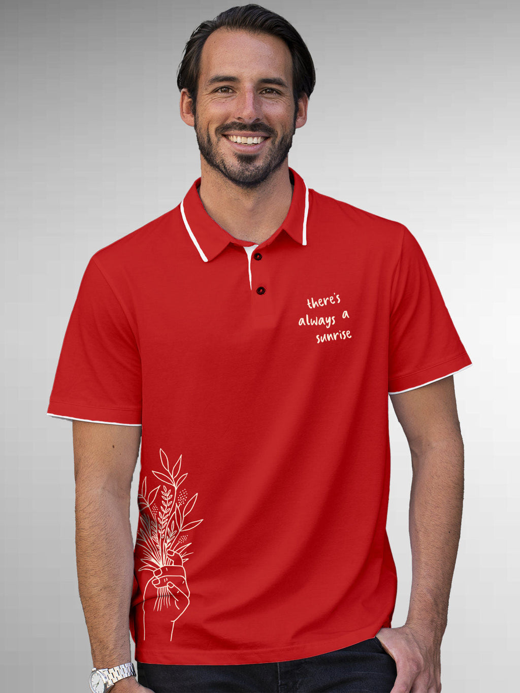 Model wearing Men's Red Polo T-shirt with 'There's Always a Sunrise' design, offering effortless style and premium comfort
