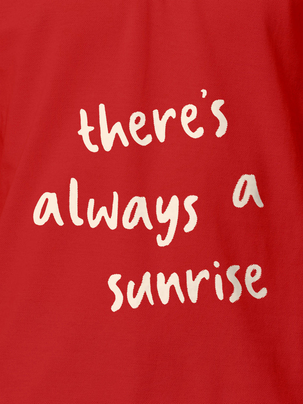 Close up of 'There's Always a Sunrise' design on Men's Red Polo T-shirt, highlighting intricate details and vibrant print.