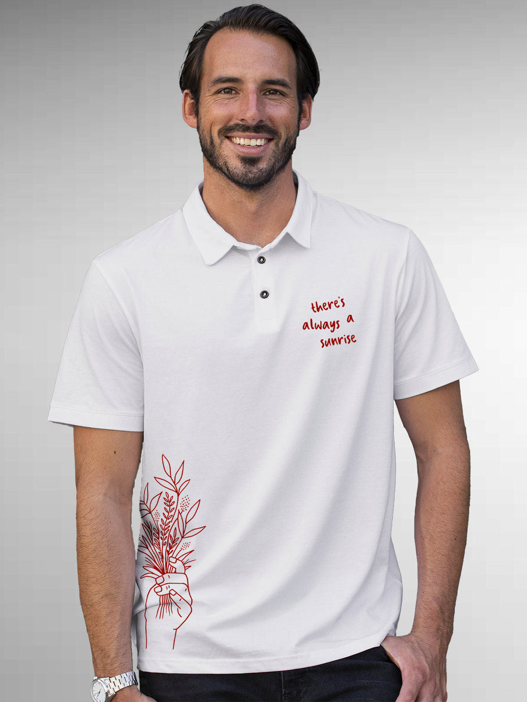 Model wearing Men's White Polo T-shirt with 'There's Always a Sunrise' design, offering effortless style and premium comfort