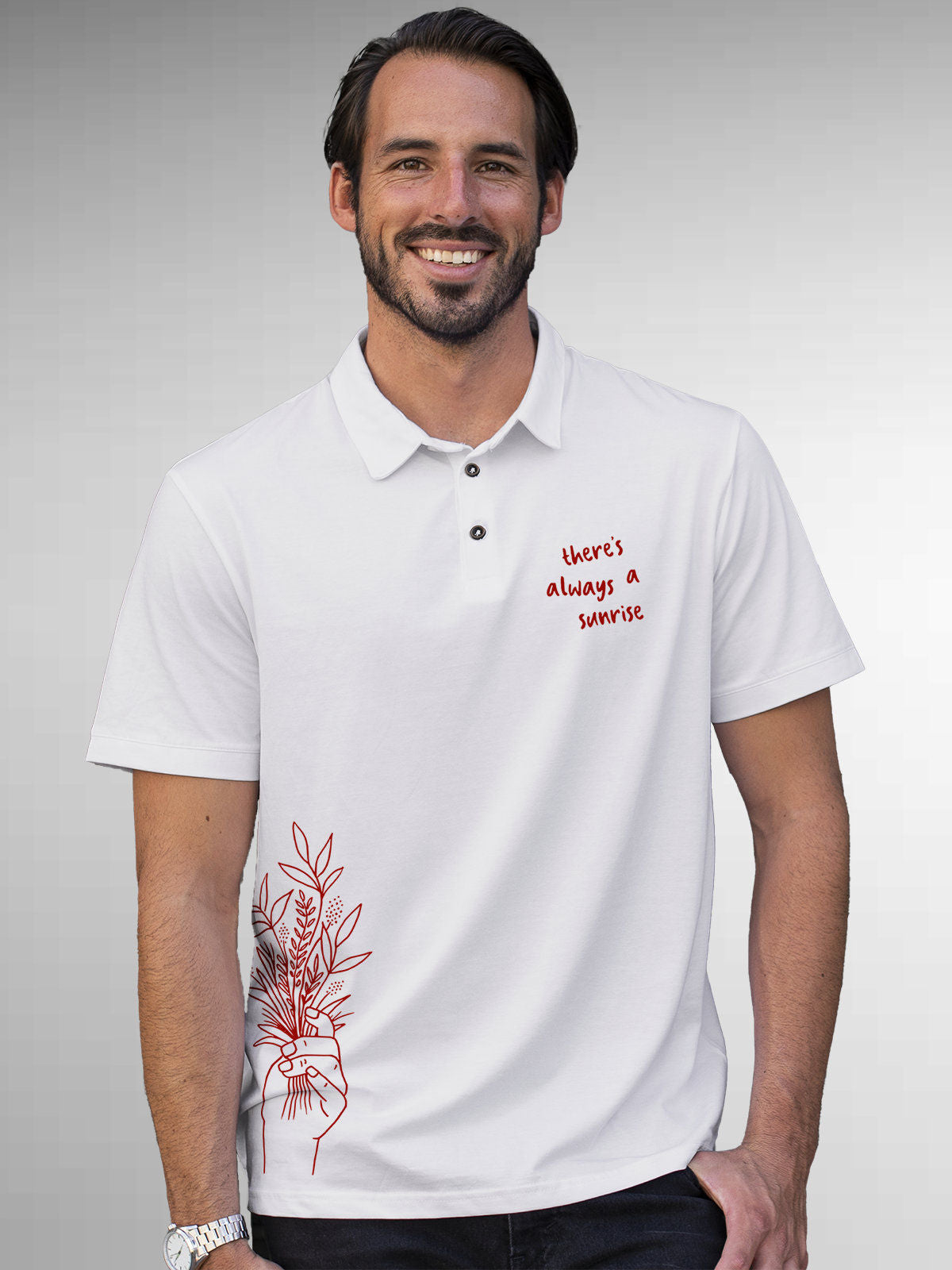 Model wearing Men's White Polo T-shirt with 'There's Always a Sunrise' design, offering effortless style and premium comfort