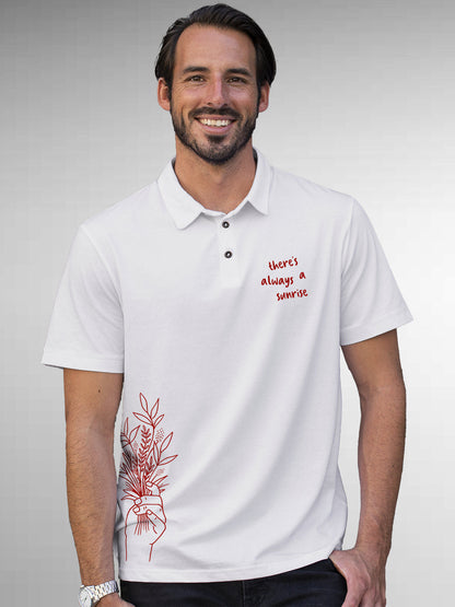 Model wearing Men's White Polo T-shirt with 'There's Always a Sunrise' design, offering effortless style and premium comfort