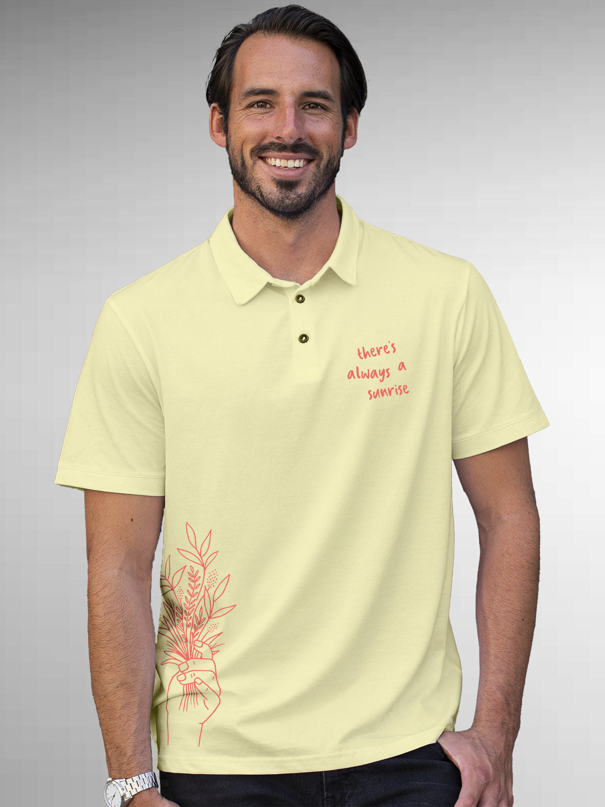 Model wearing Men's Yellow Polo T-shirt with 'There's Always a Sunrise' design, offering effortless style and premium comfort