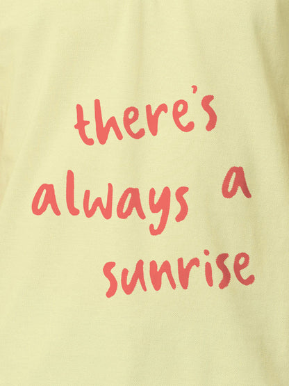 Close up of 'There's Always a Sunrise' design on Men's Yellow Polo T-shirt, highlighting intricate details and vibrant print.