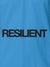 Close up of 'Resilient' design on Women's Blue Polo T-shirt, highlighting intricate details and vibrant print.