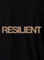 Close up of 'Resilient' design on Men's Black Polo T-shirt, highlighting intricate details and vibrant print.