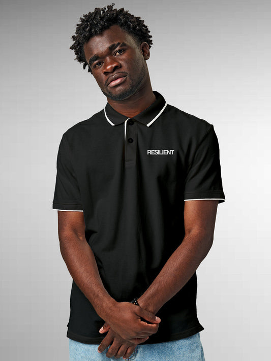 Model wearing Men's Dark Grey Polo T-shirt with 'Resilient' design, offering effortless style and premium comfort