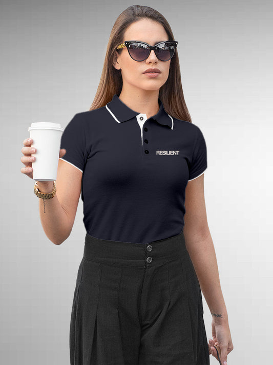 Model wearing Women's Navy Blue Polo T-shirt with 'Resilient' design, offering effortless style and premium comfort
