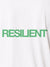 Close up of 'Resilient' design on Men's White Polo T-shirt, highlighting intricate details and vibrant print.