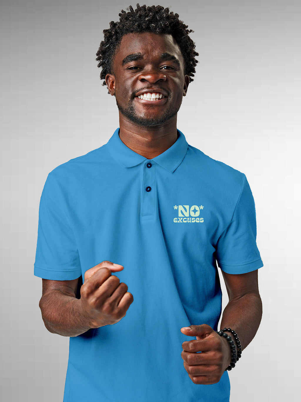 Model wearing Men's Blue Polo T-shirt with 'No Excuses' design, offering effortless style and premium comfort
