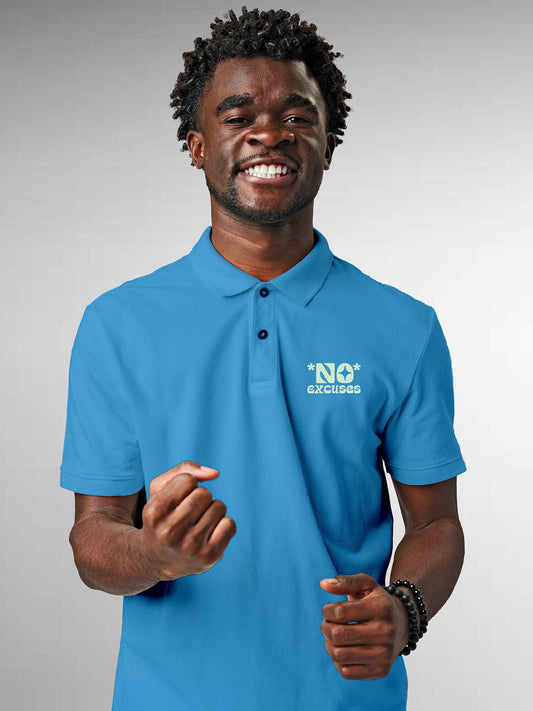 Model wearing Men's Blue Polo T-shirt with 'No Excuses' design, offering effortless style and premium comfort