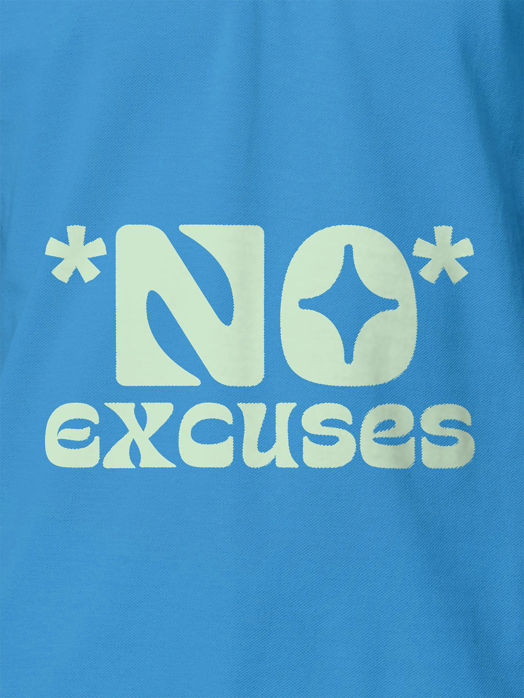 Close up of 'No Excuses' design on Men's Blue Polo T-shirt, highlighting intricate details and vibrant print.