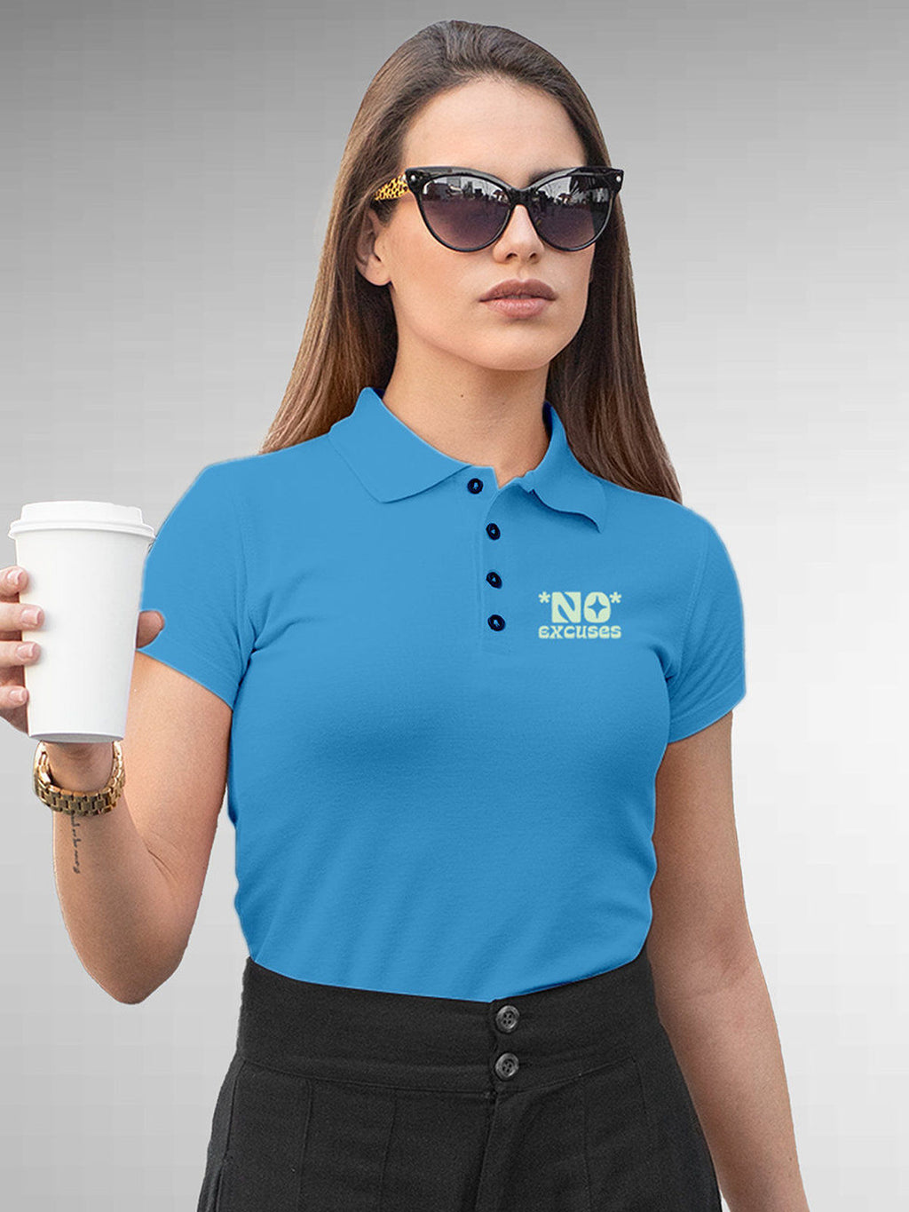 Model wearing Women's Blue Polo T-shirt with 'No Excuses' design, offering effortless style and premium comfort