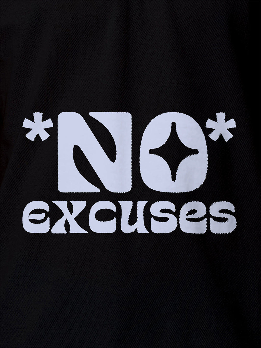 Close up of 'No Excuses' design on Men's Black Polo T-shirt, highlighting intricate details and vibrant print.