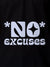 Close up of 'No Excuses' design on Men's Black Polo T-shirt, highlighting intricate details and vibrant print.