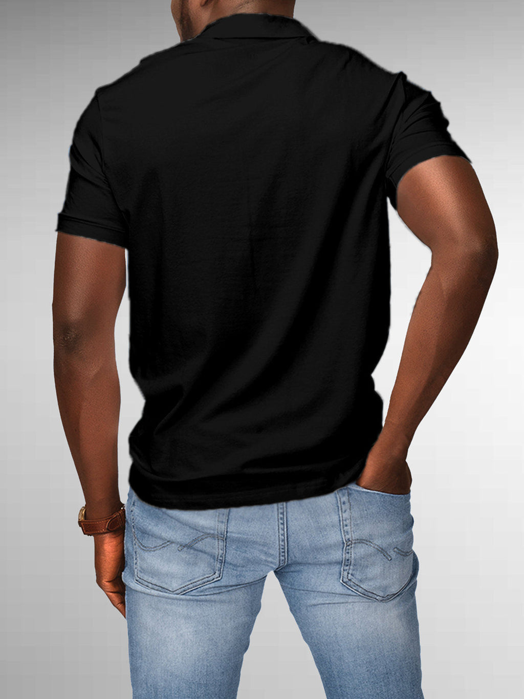 Back view of Fighterhero Men's Black Polo T-shirt, highlighting the modern look and clean finish