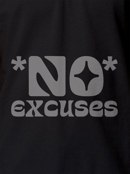 Close up of 'No Excuses' design on Men's Dark Grey Polo T-shirt, highlighting intricate details and vibrant print.