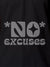 Close up of 'No Excuses' design on Men's Dark Grey Polo T-shirt, highlighting intricate details and vibrant print.