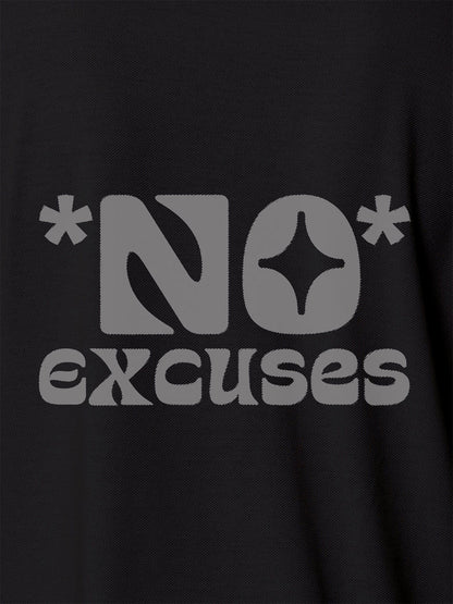 Close up of 'No Excuses' design on Women's Dark Grey Polo T-shirt, highlighting intricate details and vibrant print.