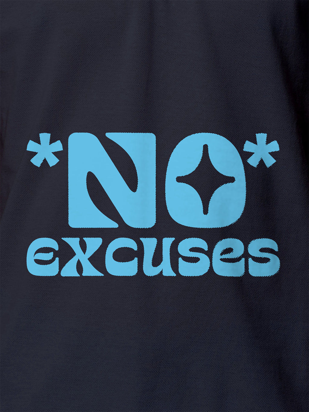 Close up of 'No Excuses' design on Men's Navy Blue Polo T-shirt, highlighting intricate details and vibrant print.