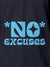 Close up of 'No Excuses' design on Men's Navy Blue Polo T-shirt, highlighting intricate details and vibrant print.