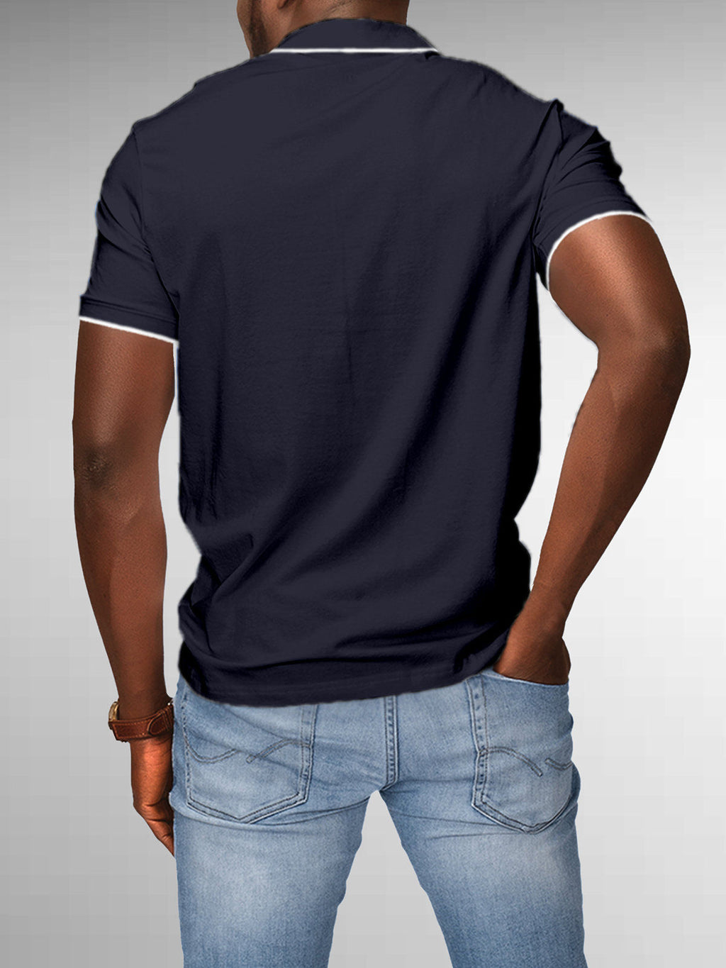 Back view of Fighterhero Men's Navy Blue Polo T-shirt, highlighting the modern look and clean finish