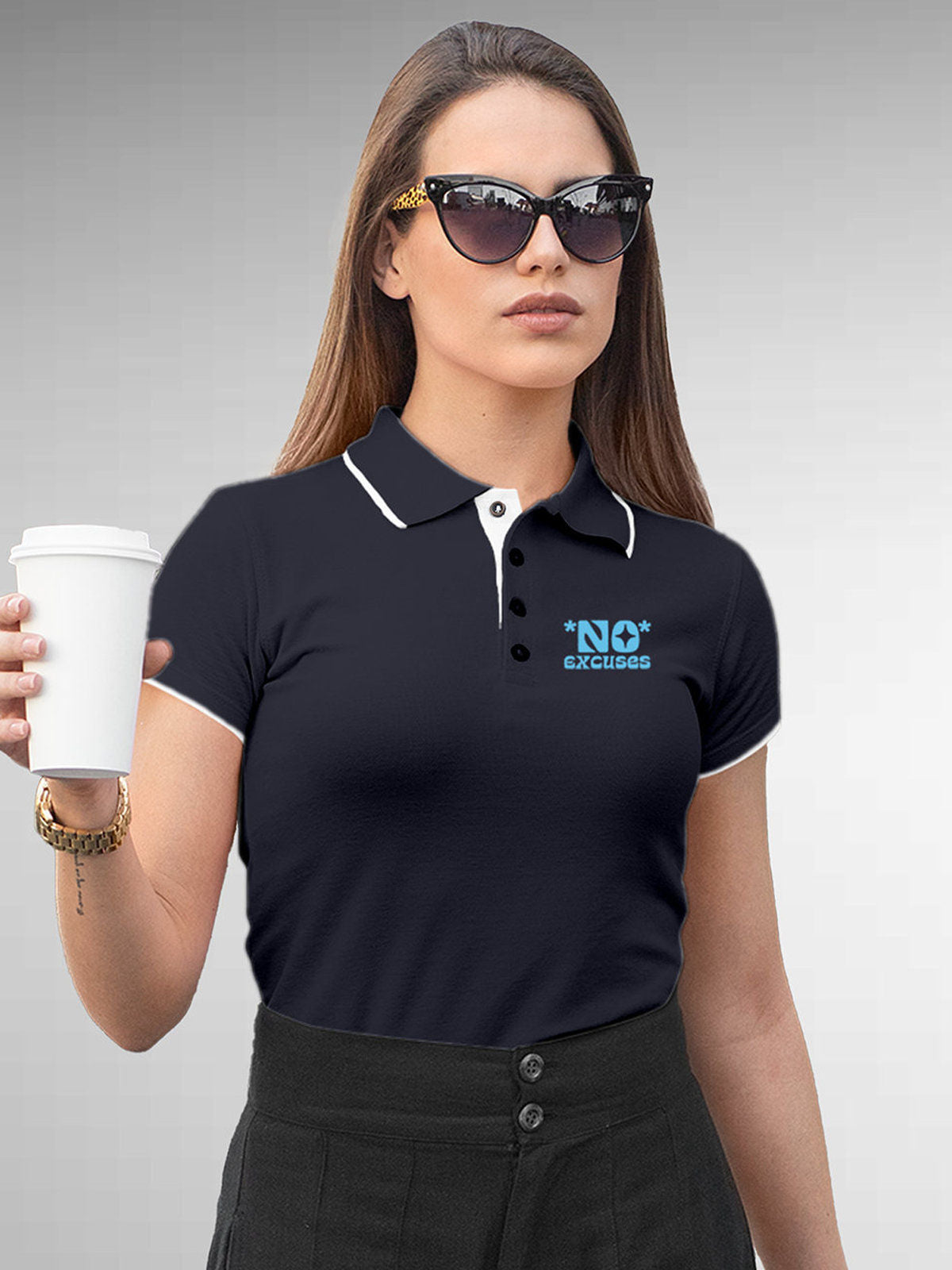 Model wearing Women's Navy Blue Polo T-shirt with 'No Excuses' design, offering effortless style and premium comfort