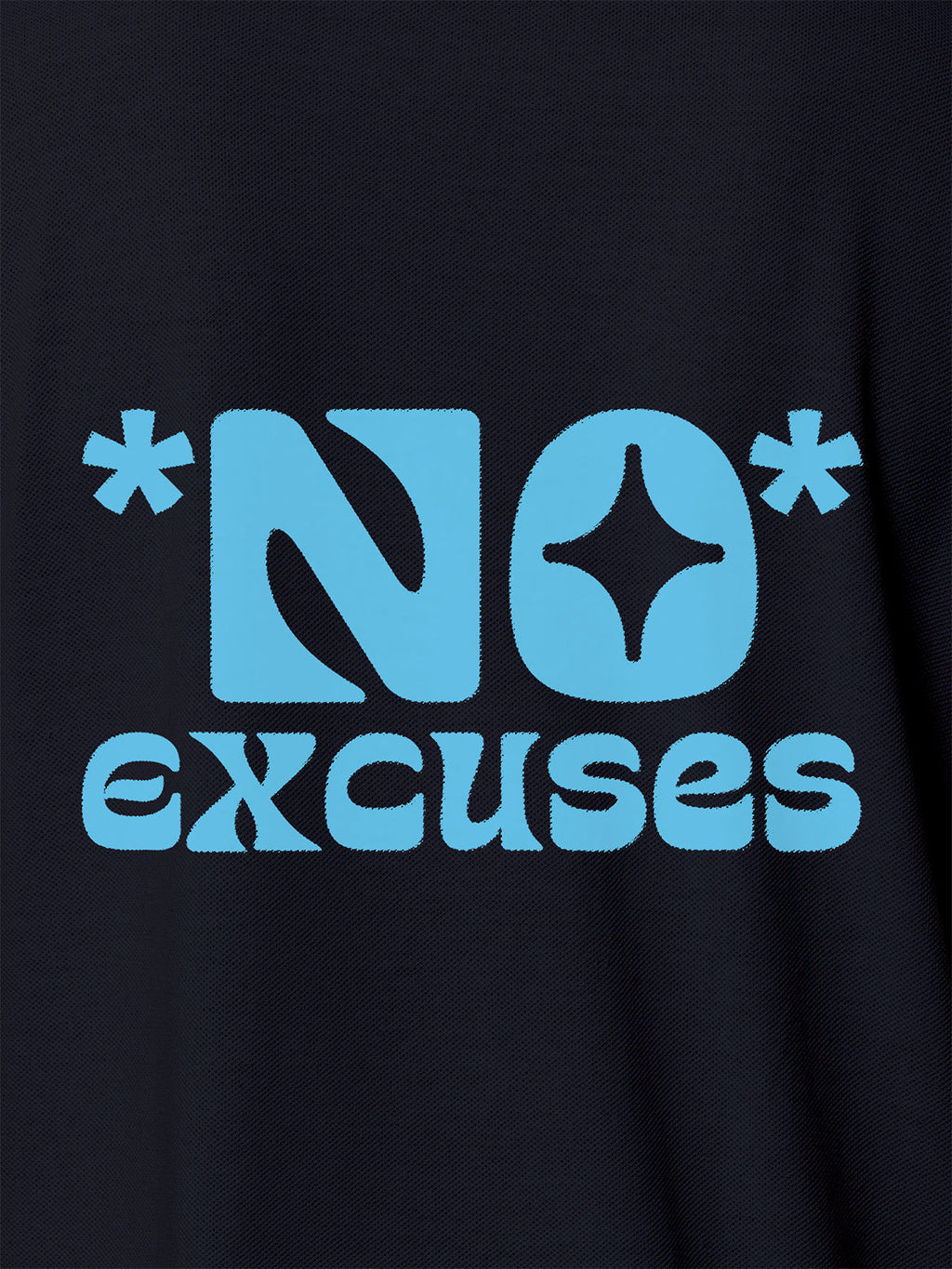 Close up of 'No Excuses' design on Women's Navy Blue Polo T-shirt, highlighting intricate details and vibrant print.