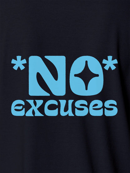 Close up of 'No Excuses' design on Women's Navy Blue Polo T-shirt, highlighting intricate details and vibrant print.